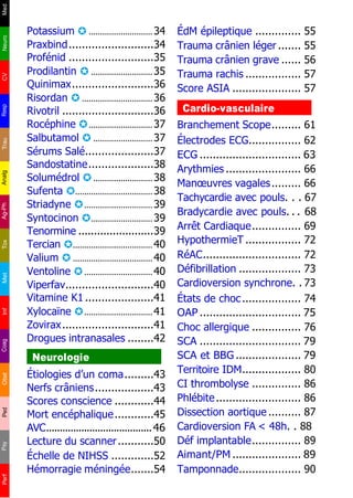 Perf
Potassium ✪ ............................34
Praxbind..........................34
Profénid ..........................35
Prodilantin ✪ ...........................35
Quinimax.........................36
Risordan ✪ ...............................36
Rivotril ............................36
Rocéphine ✪............................37
Salbutamol ✪ ..........................37
Sérums Salé.....................37
Sandostatine....................38
Solumédrol ✪ ..........................38
Sufenta ✪..................................38
Striadyne ✪..............................39
Syntocinon ✪...........................39
Tenormine ........................39
Tercian ✪...................................40
Valium ✪ ...................................40
Ventoline ✪..............................40
Viperfav...........................40
Vitamine K1 .....................41
Xylocaïne ✪..............................41
Zovirax............................41
Drogues intranasales ........42
Neurologie
Étiologies d’un coma.........43
Nerfs crâniens..................43
Scores conscience ............44
Mort encéphalique............45
AVC.......................................46
Lecture du scanner...........50
Échelle de NIHSS .............52
Hémorragie méningée.......54
ÉdM épileptique .............. 55
Trauma crânien léger ....... 55
Trauma crânien grave ...... 56
Trauma rachis ................. 57
Score ASIA ..................... 57
Cardio-vasculaire
Branchement Scope......... 61
Électrodes ECG................ 62
ECG ............................... 63
Arythmies ....................... 66
Manœuvres vagales......... 66
Tachycardie avec pouls. . . 67
Bradycardie avec pouls. . . 68
Arrêt Cardiaque............... 69
HypothermieT ................. 72
RéAC.............................. 72
Défibrillation ................... 73
Cardioversion synchrone. . 73
États de choc.................. 74
OAP ............................... 75
Choc allergique ............... 76
SCA ............................... 79
SCA et BBG .................... 79
Territoire IDM.................. 80
CI thrombolyse ............... 86
Phlébite.......................... 86
Dissection aortique .......... 87
Cardioversion FA < 48h. . 88
Déf implantable............... 89
Aimant/PM ..................... 89
Tamponnade................... 90
PsyPedObstCoagInfMetToxAg-PhAnalgTrauRespCVNeuroMed
 