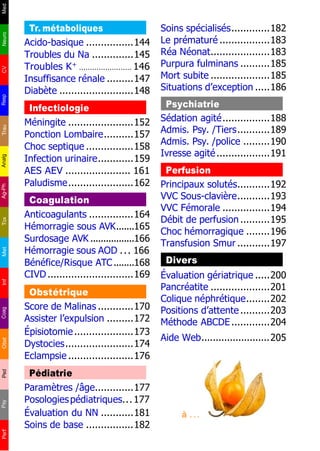 Perf
Tr. métaboliques
Acido-basique ................144
Troubles du Na ..............145
Troubles K+
........................ 146
Insuffisance rénale .........147
Diabète .........................148
Infectiologie
Méningite ......................152
Ponction Lombaire..........157
Choc septique ................158
Infection urinaire............159
AES AEV ...................... 161
Paludisme......................162
Coagulation
Anticoagulants ...............164
Hémorragie sous AVK.......165
Surdosage AVK .................166
Hémorragie sous AOD ... 166
Bénéfice/Risque ATC........168
CIVD.............................169
Obstétrique
Score de Malinas ............170
Assister l’expulsion .........172
Épisiotomie....................173
Dystocies.......................174
Eclampsie ......................176
Pédiatrie
Paramètres /âge.............177
Posologiespédiatriques... 177
Évaluation du NN ...........181
Soins de base ................182
Soins spécialisés.............182
Le prématuré .................183
Réa Néonat....................183
Purpura fulminans ..........185
Mort subite ....................185
Situations d’exception .....186
Psychiatrie
Sédation agité................188
Admis. Psy. /Tiers...........189
Admis. Psy. /police .........190
Ivresse agité..................191
Perfusion
Principaux solutés...........192
VVC Sous-clavière...........193
VVC Fémorale ................194
Débit de perfusion ..........195
Choc hémorragique ........196
Transfusion Smur ...........197
Divers
Évaluation gériatrique .....200
Pancréatite ....................201
Colique néphrétique........202
Positions d’attente..........203
Méthode ABCDE.............204
Aide Web........................205
à . ..
PsyPedObstCoagInfMetToxAg-PhAnalgTrauRespCVNeuroMed
 