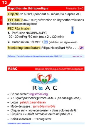 72
Objectif 32 à 36°C pendant au moins 24 h après AC
PECSmur (Reco 2015) prévention de l’hyperthermie sans
refroidissement agressif
PEC Réanimation
1. Perfusion NaCl 9‰ à 4°C
20 - 30 ml/kg /30 min (max 2 L /30 min)
2. Curarisation : NIMBEX 31 (sédation ssi signe réveil)
Monitoring température Plilips HeartStart MRx . . . . 24
Ŕ Seconnecter:registreac.org
Ŕ «CliquerpourenregistrerunAC»(enbasàgauche)
Ŕ Login : patrick.barandiaran
Ŕ Mode de passe : samu64asmur64a
Ŕ Cliquer sur « nouveau dossier » dans colonne de G
Ŕ Cliquer sur « arrêt cardiaque extra-hospitalier »
Ŕ Saisir le dossier −→enregistrer
Référence : PatrickBarandiaran
Hypothermie thérapeutique Protection SNC
Référence : Place de l’hypothermie thérapeutique en réanimation; SFAR 2013 /www.sfar.org
RéAC RegistreélectroniquedesArrêtsCardiaques
CV
 