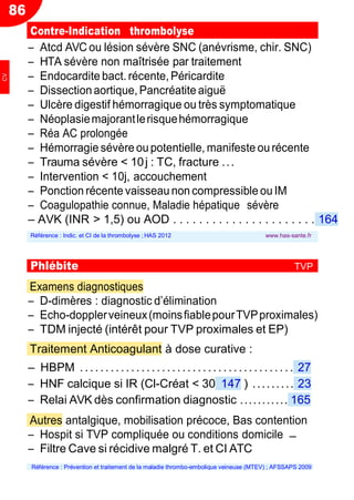 86
Contre-Indication thrombolyse
Ŕ Atcd AVC ou lésion sévère SNC (anévrisme, chir. SNC)
Ŕ HTA sévère non maîtrisée par traitement
Ŕ Endocardite bact. récente, Péricardite
Ŕ Dissectionaortique, Pancréatite aiguë
Ŕ Ulcère digestif hémorragique ou très symptomatique
Ŕ Néoplasiemajorantlerisquehémorragique
Ŕ Réa AC prolongée
Ŕ Hémorragie sévère oupotentielle, manifeste ourécente
Ŕ Trauma sévère < 10j : TC, fracture ...
Ŕ Intervention < 10j, accouchement
Ŕ Ponction récente vaisseau noncompressible ouIM
Ŕ Coagulopathie connue, Maladie hépatique sévère
Ŕ AVK (INR > 1,5) ou AOD . . . . . . . . . . . . . . . . . . . . . . 164
Examens diagnostiques
Ŕ D-dimères : diagnostic d’élimination
Ŕ Echo-dopplerveineux(moinsfiablepourTVPproximales)
Ŕ TDM injecté (intérêt pour TVP proximales et EP)
Traitement Anticoagulant à dose curative :
Ŕ HBPM . . . . . . . . . . . . . . . . . .. . . . . . . . . . . . . .. . . . . . . . . . 27
Ŕ HNF calcique si IR (Cl-Créat < 30 147 ) ......... 23
Ŕ Relai AVK dès confirmation diagnostic ........... 165
Autres antalgique, mobilisation précoce, Bas contention
Ŕ Hospit si TVP compliquée ou conditions domicile
Ŕ Filtre Cave si récidive malgré T. et CI ATC
Référence : Prévention et traitement de la maladie thrombo-embolique veineuse (MTEV) ; AFSSAPS 2009
Référence : Indic. et CI de la thrombolyse ; HAS 2012 www.has-sante.fr
Phlébite TVP
−
CV
 