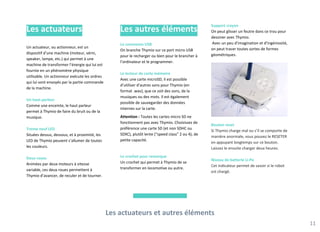 Les autres éléments
La connexion USB
On branche Thymio sur ce port micro USB
pour le recharger ou bien pour le brancher à
l’ordinateur et le programmer.
Le lecteur de carte mémoire
Avec une carte microSD, il est possible
d’utiliser d’autres sons pour Thymio (en
format .wav), que ce soit des sons, de la
musiques ou des mots. Il est également
possible de sauvegarder des données
internes sur la carte.
Attention : Toutes les cartes micro SD ne
fonctionnent pas avec Thymio. Choisissez de
préférence une carte SD (et non SDHC ou
SDXC), plutôt lente (“speed class” 2 ou 4), de
petite capacité.
Le crochet pour remorque
Un crochet qui permet à Thymio de se
transformer en locomotive ou autre.
Support crayon
On peut glisser un feutre dans ce trou pour
dessiner avec Thymio.
Avec un peu d’imagination et d’ingéniosité,
on peut tracer toutes sortes de formes
géométriques.
Bouton reset
Si Thymio charge mal ou s’il se comporte de
manière anormale, vous pouvez le RESETER
en appuyant longtemps sur ce bouton.
Laissez le ensuite charger deux heures.
Niveau de batterie Li-Po
Cet indicateur permet de savoir si le robot
est chargé.
Les actuateurs et autres éléments
11
Les actuateurs
Un actuateur, ou actionneur, est un
dispositif d’une machine (moteur, vérin,
speaker, lampe, etc.) qui permet à une
machine de transformer l’énergie qui lui est
fournie en un phénomène physique
utilisable. Un actionneur exécute les ordres
qui lui sont envoyés par la partie commande
de la machine.
Un haut parleur
Comme une enceinte, le haut parleur
permet à Thymio de faire du bruit ou de la
musique.
Trente neuf LED
Situées dessus, dessous, et à proximité, les
LED de Thymio peuvent s’allumer de toutes
les couleurs.
Deux roues
Animées par deux moteurs à vitesse
variable, ces deux roues permettent à
Thymio d’avancer, de reculer et de tourner.
 