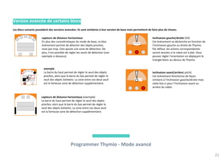 Programmer Thymio - Mode avancé
21
Version avancée de certains blocs
Les blocs suivants possèdent des versions avancées. Ils sont similaires à leur version de base mais permettent de faire plus de choses.
capteurs de distance horizontaux
En plus des caractéristiques du mode de base, ce bloc
événement permet de détecter des objets proches,
mais pas trop. Cela ajoute une zone de détection. De
plus, il est possible de régler les seuils de détection (voir
exemple ci-dessous).
exemple
La barre du haut permet de régler le seuil des objets
proches, alors que la barre du bas permet de régler le
seuil des objets lointains. La zone entre ces deux seuil
est la fameuse zone de détection supplémentaire.
capteurs de distance horizontaux (exemple)
La barre du haut permet de régler le seuil des objets
proches, alors que la barre du bas permet de régler le
seuil des objets lointains. La zone entre ces deux seuil
est la fameuse zone de détection supplémentaire.
Inclinaison gauche/droite (tilt)
Cet événement se déclenche en fonction de
l'inclinaison gauche ou droite de Thymio.
Par défaut, les actions correspondantes
seront lancées si le robot est à plat. Vous
pouvez régler l'orientation en déplaçant le
triangle blanc au-dessus de Thymio.
Inclinaison avant/arrière( pitch)
Cet événement fonctionne de façon
similaire à l'inclinaison gauche/droite mais
cette fois-ci pour l'inclinaison avant ou
arrière du robot.
 
