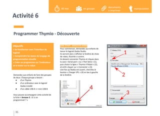 Activité 6
Demandez aux enfants de faire des groupes
de deux. Chaque groupe a besoin :
● d’un Thymio
● d’un ordinateur avec le logiciel
Aseba installé
● d’un câble USB A <> mini USB B
Vous pouvez accompagner cette activité de
la fiche « Annexe 3 - Et si on
programmait ? »
Programmer Thymio - Découverte
1ÈRE ÉTAPE : BONJOUR ASEBA
Pour commencer, demandez aux enfants de
lancer le logiciel Aseba Studio.
Ils verront alors s’afficher la fenêtre de choix
de robot, illustrée ci-contre.
Ils doivent connecter Thymio et cliquez dans
la case « Serial port » ou « Port Série » (1),
puis choisir la ligne « Thymio-II Robot » (2),
et enfin cliquer sur « Connecter » (3).
Une fois qu’Aseba est ouvert, cherchez le
bouton « Charger VPL » (4) en bas à gauche
de la fenêtre.
31
Objectifs
> Se familiariser avec l’interface du
logiciel
> Comprendre les bases du langage de
programmation visuelle
> Créer un programme sur l’ordinateur
et le tester sur le robot
en groupe40 min manipulation
documents
a imprimer
 