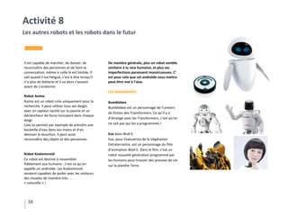 38
Activité 8
Les autres robots et les robots dans le futur
Il est capable de marcher, de danser, de
reconnaître des personnes et de faire la
conversation, même si celle là est limitée. Il
sait quand il est fatigué, c’est à dire lorsqu’il
n’a plus de batterie et il va alors s’asseoir
avant de s’endormir.
Robot Asimo
Asimo est un robot crée uniquement pour la
recherche. Il peut utiliser tous ses doigts
avec un capteur tactile sur la paume et un
déclencheur de force incorporé dans chaque
doigt.
Cela lui permet par exemple de prendre une
bouteille d’eau dans ses mains et d’en
dévisser le bouchon. Il peut aussi
reconnaître des objets et des personnes.
Robot Kodomoroid
Ce robot est destiné à ressembler
fidèlement aux humains : c’est ce qu’on
appelle un androïde. Les Kodomoroid
seraient capables de parler avec les visiteurs
des musées de manière très …
« naturelle » !
De manière générale, plus un robot semble
similaire à la race humaine, et plus ses
imperfections paraissent monstrueuses. C’
est pour cela que cet androïde vous mettra
peut-être mal à l’aise.
LES IMAGINAIRES
Bumblebee
Bumblebee est un personnage de l’univers
de fiction des Transformers. Ce qu’il y a
d’étrange avec les Transformers, c’est qu’on
ne sait pas qui les a programmés !
Eve dans Wall-E
Eve, pour Evaluatrice de la Végétation
Extraterrestre, est un personnage du film
d’animation Wall-E. Dans le film, c’est un
robot nouvelle génération programmé par
les humains pour trouver des preuves de vie
sur la planète Terre.
 