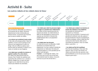 39
Activité 8 - Suite
Les autres robots et les robots dans le futur
IMPOSSIBLEPOSSIBLE
Voitures robot
Espion Robot
Un robot pour
aider papi
Robot Killer
Des robots
détecteurs d’
emotions
Robot Président de la
République
Robot émotifs
Robot qui
fabrique de l’
eau
Robot qui
soigne
POSSIBLE OU PAS POSSIBLE ?
Pour cet exercice, demandez aux enfants ce
qu’ils pensent de ces robots. Parcourez
aléatoirement la liste et demandez aux
enfants de dire s’ils pensent que l’homme
peut ou pourra réaliser ces robots.
> Les voitures qui conduisent toutes seules
En fait, elles sont presque prêtes ! Avec les
satellites, on peut suivre la position d’une
voiture et son programme lui suffit à la
diriger. Elle est truffée de capteurs pour
pouvoir éviter les obstacles, se placer sur la
route, et s’arrêter en cas d’urgence.
> Les robots pour surveiller les maisons et
appeler la police s’il y a des voleurs
Ces robots sont déjà présents dans les
maisons. Pour l’instant, les systèmes sont
aujourd’hui des caméras et un « cerveau »,
détaché. Malgré tout, on peut très bien
imaginer qu’un robot fera le tour de la
maison pour détecter les anomalies.
> Les robots pour analyser nos émotions et
trouver des solutions à nos problèmes
Cet exemple est intéressant car il
questionne sur l’émotion.
Qu’est-ce qu’une émotion ? Comment est-il
possible de la détecter avec des capteurs ?
On peut facilement mesurer la température,
le rythme cardiaque, même le débit des flux
nerveux d’un être humain. Mais sait-on
reconnaître les émotions ? Pour ces robot,
disons « peut-être… ».
> Les robots qui font de la politique
Pour faire de la politique, il faut avoir des
opinions. Dans un futur très lointain, les
robots auront peut-être des opinions, mais
personnellement, je ne crois pas que je serai
toujours parmi vous !
> Les robots pour aider les personnes âgées
à manger ou à prendre leurs médicaments
Ces robots arrivent à grands pas dans les
maisons de retraite. Les robots Romeo et
NAO ont été développés en partie par les
Japonais qui cherchent à résoudre des
problématiques liées à une population
vieillissante.
> Les robots pour tuer des gens
Un robot fait ce qu’on lui demande, il obéit
seulement à la manière dont il est
programmé. Si un jour, quelqu’un décide de
programmer un robot pour tirer dès qu’il
reconnaît quelqu’un, il sera possible que les
robots tuent des gens.
À retenir : « L’avantage des robots, c’est
qu’ils font tout ce qu’on leur dit de faire.
L’inconvénient avec les robots, c’est qu’ils
font tout ce qu’on leur dit de faire ».
 