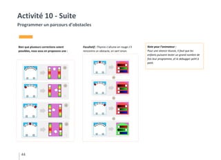 Facultatif : Thymio s’allume en rouge s’il
rencontre un obstacle, en vert sinon.
Bien que plusieurs corrections soient
possibles, nous vous en proposons une :
44
Activité 10 - Suite
Programmer un parcours d’obstacles
Note pour l’animateur :
Pour une séance réussie, il faut que les
enfants puissent tester un grand nombre de
fois leur programme, et le debugger petit à
petit.
 