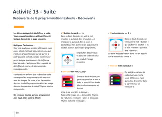 Les élèves essayent de déchiffrer le code.
Vous pouvez les aider en utilisant le petit
lexique du code de la page suivante.
Expliquez aux enfants que ce bout de code
correspond au programme qu’ils ont écrit
avec les images. Ce texte, c’est la manière
dont on traduit le programme écrit en image
dans un langage que le robot Thymio pourra
comprendre.
On retrouve tout ce qu’on a programmé
plus haut, et en voici le détail :
« if button.forward == 1 »
Dans ce bout de code, on voit le mot
« button », qui veut dire « bouton », et
« forward », qui veut dire « avant ».
Sachant que l’on a dit « si on appuie sur le
bouton avant » dans notre programme,
« then call leds.top(32,0,0)»
« top » qui veut dire « dessus ».
Avec cette image, on a demandé à Thymio
de s’allumer, en disant « alors le dessus de
Thymio s’allume en rouge ».
« if button.center == 1 »
Ce bout de code traduit donc « si on appuie
sur le bouton du centre ».
« then call leds.top(0,0,0) »
49
Activité 13 - Suite
Découverte de la programmation textuelle - Découverte
on peut en déduire que
ce bout de code est celui
qui traduit l’image
ci-contre.
Dans ce bout de code, on
retrouver le mot « button »
qui veut dire « bouton », et
le mot « center » qui veut
dire « centre ».
On a déjà vu ce bout de
code plus haut. Ici, la
seule différence, c’est
qu’au lieu d’avoir 32 dans
la parenthèse, on
retrouve 0.
Dans ce bout de code, on
peut reconnaître le mot «
leds », pour LED ou diode
électro luminescente, et
le mot
Note pour l’animateur :
Tout cela peut vous sembler effrayant, mais
voyez plutôt l’attitude des enfants. Eux qui
n’ont pas d’appréhension sur ce qu’est le
code peuvent voir cet exercice comme une
petite énigme intéressante. Déchiffrer ce
bout de code, c’est comme être capable de
déchiffrer du morse, de décrypter des
messages codés.
 