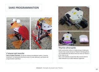 60
Annexe 6 - Exemples de projets avec Thymio
Thymio ultrarapide
Cette construction utilise un mode de base (L'obéissant,
mauve) mais va plus vite qu'un Thymio II de base grâce à
une multiplication de vitesse entre les roues du Thymio II
et les roues au sol.
Avec un tel système on peut faire des courses entre le
robot obéissant et le robot obéissant augmenté
L’oiseau qui marche
Voici un oiseau marcheur. Vu que les oiseaux normalement volent, il marche
lentement ! Le mécanisme fonctionne dans le mode obéissant, sans besoin de
programmation spécifique.
SANS PROGRAMMATION
 