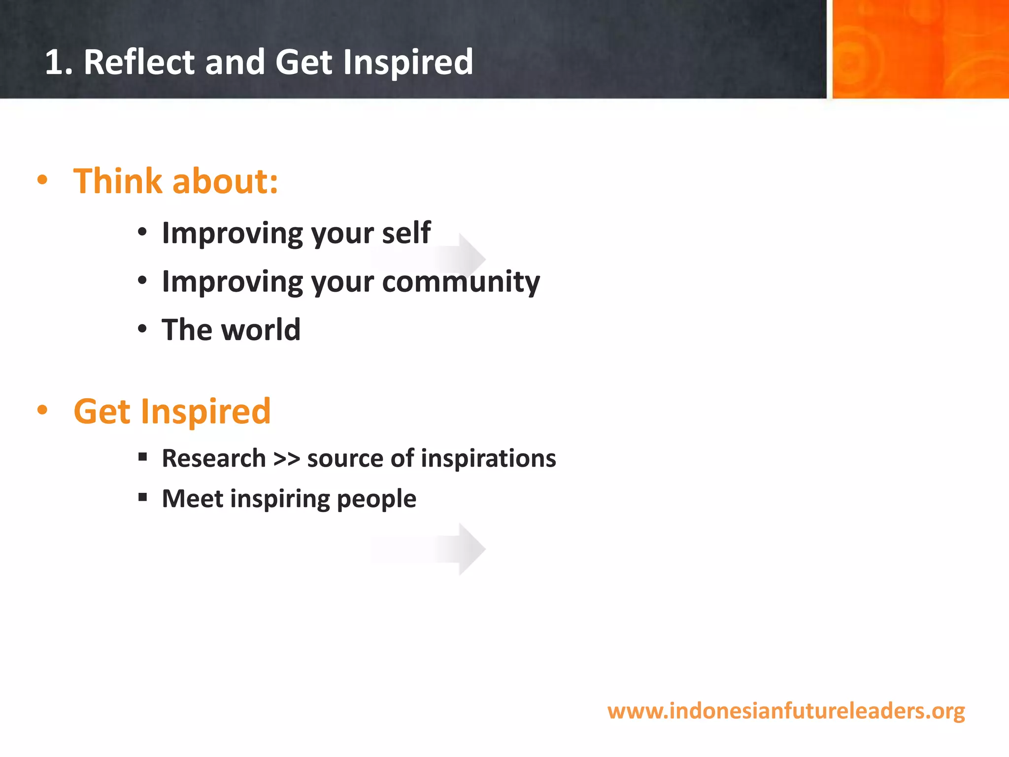 1. Reflect and Get InspiredThink about:Improving your selfImproving your communityThe worldGet InspiredResearch >> source of inspirations