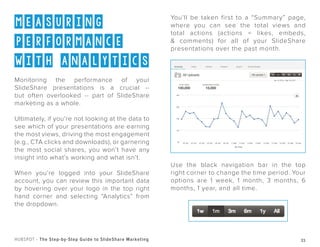 21HUBSPOT - The Step-by-Step Guide to SlideShare Marketing
You’ll be taken first to a “Summary” page,
where you can see the total views and
total actions (actions = likes, embeds,
& comments) for all of your SlideShare
presentations over the past month.
Use the black navigation bar in the top
right corner to change the time period. Your
options are 1 week, 1 month, 3 months, 6
months, 1 year, and all time.
measuring
performance
with analytics
Monitoring the performance of your
SlideShare presentations is a crucial --
but often overlooked -- part of SlideShare
marketing as a whole.
Ultimately, if you’re not looking at the data to
see which of your presentations are earning
the most views, driving the most engagement
(e.g., CTA clicks and downloads), or garnering
the most social shares, you won’t have any
insight into what’s working and what isn’t.
When you’re logged into your SlideShare
account, you can review this important data
by hovering over your logo in the top right
hand corner and selecting “Analytics” from
the dropdown.
 