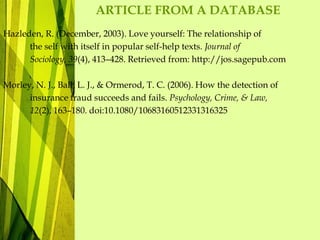 ARTICLE FROM A DATABASE
Hazleden, R. (December, 2003). Love yourself: The relationship of
the self with itself in popular self-help texts. Journal of
Sociology, 39(4), 413–428. Retrieved from: http://jos.sagepub.com
Morley, N. J., Ball, L. J., & Ormerod, T. C. (2006). How the detection of
insurance fraud succeeds and fails. Psychology, Crime, & Law,
12(2), 163–180. doi:10.1080/10683160512331316325
 