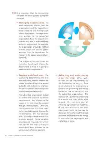 1.10 It is important that the relationship
                   between the three parties is properly
                   managed.

                   • Managing expectations. To
                       avoid unnecessary disputes, both the                              t                 Su
                                                                                g en                          b
                       organisation and the department                           m                           ov




                                                                            pa n
                                                                         d e s o ri




                                                                                                             engan
                                                                                rt




                                                                                                              r
                                                                                                                t e i s at
                       must cooperate and manage each




                                                                            n




                                                                                                                   d
                                                                       Sp o
                       other’s expectations. The department
                       mus t e x plain to the subvente d




                                                                                                                           io n
                       organisation how the department
                       operates and how to work effectively
                       within its environment. For example,
                       the organisation should be notified
                       of how long it will take to obtain
                                                                                 Se
                       approval from the department for                               r vi
                                                                                             ce u se r s
                       changes to the agreed service delivery
                       standards.
                       T he subvented organis ation on
                       the other hand must inform the
                       department of how it is going to
                       meet the service requirements.


                   • Keeping to defined roles. The                  • Achieving and maintaining
                       sponsoring department’s role is to             a par tner ship. While well-
                       allocate funding, monitor whether the          drafted ser vice requirements lay
                       service provider delivers the agreed           the foundation for success, there
                       outputs and outcomes, manage                   is no substitute for maintaining a
                       the service delivery relationship and          constructive partnering relationship
                       monitor resources being spent.                 bet ween the depar tment and
                       The subvented organisation should              the subvented organisation. The
                       act within the scope of its service            objective of a partnering relationship
                       requirements. Any change in the                is to ensure that both parties work
                       scope of its role must be agreed               towards the common goal of
                       through a formal process. Otherwise,           achieving agreed service outcomes.
                       the organisation may find itself               If the relationship is not well
                       performing tasks outside its scope for         maintained, both parties may be
                       no recompense. This may adversely              distracted from achieving the desired
                       affect its ability to deliver the services     outcomes and spend time and energy
                       originally agreed. Formal variation            in unproduc tive argument s and
                       processes are required even where              exchanges, or worse.
                       the par ties are only seeking to
                       substitute different activities for the
                       same amount of service payment.

16   Chapter 1: Overview of Corporate Governance
 