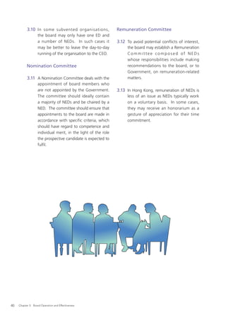 3.10 In some subvented organisations,                Remuneration Committee
                   the board may only have one ED and
                   a number of NEDs. In such cases it           3.12 To avoid potential conflicts of interest,
                   may be better to leave the day-to-day             the board may establish a Remuneration
                   running of the organisation to the CEO.           Co mmi t te e co m p o s e d of N ED s
                                                                     whose responsibilities include making
           Nomination Committee                                      recommendations to the board, or to
                                                                     Government, on remuneration-related
           3.11 A Nomination Committee deals with the                matters.
                   appointment of board members who
                   are not appointed by the Government.         3.13 In Hong Kong, remuneration of NEDs is
                   The committee should ideally contain              less of an issue as NEDs typically work
                   a majority of NEDs and be chaired by a            on a voluntary basis. In some cases,
                   NED. The committee should ensure that             they may receive an honorarium as a
                   appointments to the board are made in             gesture of appreciation for their time
                   accordance with specific criteria, which          commitment.
                   should have regard to competence and
                   individual merit, in the light of the role
                   the prospective candidate is expected to
                   fulﬁl.




40   Chapter 3: Board Operation and Effectiveness
 