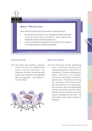 Best Practice
           When determining the board remuneration (especially for EDs):
           •     No member of the board or the management should participate
                 in setting his/her own remuneration. Where appropriate,
                 independent advice should be sought; and
           •     Formal and transparent procedures for setting the remuneration
                 of individual directors should be established.




Audit Committee                                 Other Committees

3.14 The board may establish a separate         3.15 The board may consider establishing
     Audit Committee to independently                other committees dealing with
     rev iew financial information, the              corporate governance, ﬁnance, HR, risk
     framework of control, the external audit        management, business development,
     process and compliance with applicable          public complaint s, s t af f ap p eals,
     laws and regulations. See Chapter 7             information technology, investment,
     for more details.                               capital works, infrastructure planning
                                                     etc., according to the business nature
                                                     and requirements of the organisation.
                                                     The structure, roles and responsibilities
                                                     of these committees should be clearly
                                                     defined and their authority should be
                                                     properly delegated by the board. All
                                                     committees should report regularly to
                                                     the board.




                                                                  Chapter 3: Board Operation and Effectiveness   41
 