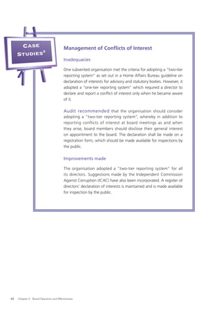 Case                               Management of Conﬂicts of Interest
            5
     Studies
                                         Inadequacies

                                         One subvented organisation met the criteria for adopting a “two-tier
                                         reporting system” as set out in a Home Affairs Bureau guideline on
                                         declaration of interests for advisory and statutory bodies. However, it
                                         adopted a “one-tier reporting system” which required a director to
                                         declare and report a conﬂict of interest only when he became aware
                                         of it.

                                         Audit recommended that the organisation should consider
                                         adopting a “two-tier reporting system”, whereby in addition to
                                         reporting conflicts of interest at board meetings as and when
                                         they arise, board members should disclose their general interest
                                         on appointment to the board. The declaration shall be made on a
                                         registration form, which should be made available for inspections by
                                         the public.

                                         Improvements made

                                         The organisation adopted a “two-tier reporting system” for all
                                         its directors. Suggestions made by the Independent Commission
                                         Against Corruption (ICAC) have also been incorporated. A register of
                                         directors’ declaration of interests is maintained and is made available
                                         for inspection by the public.




44   Chapter 3: Board Operation and Effectiveness
 