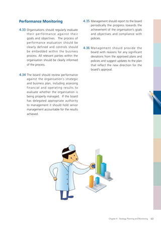 Performance Monitoring                          4.35 Management should report to the board
                                                      periodically the progress towards the
4.33 Organisations should regularly evaluate          achievement of the organisation’s goals
     their per formance against their                 and objectives and compliance with
     goals and objectives. The process of             policies.
     per formance evaluation should be
     clearly defined and controls should        4.36 M a na g e m e nt sh o ul d p rov i d e t h e
     be embedded within the business                  board with reasons for any significant
     process. All relevant parties within the         deviations from the approved plans and
     organisation should be clearly informed          policies and suggest updates to the plan
     of the process.                                  that reflect the new direction for the
                                                      board’s approval.
4.34 The board should review performance
     against the organisation’s strategic
     and business plan, including assessing
     financial and operating result s to
     evaluate whether the organisation is
     being properly managed. If the board
     has delegated appropriate authority
     to management it should hold senior
     management accountable for the results
     achieved.




                                                                     Chapter 4: Strategy, Planning and Monitoring   63
 