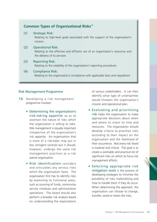 Common Types of Organisational Risks34
      (1)      Strategic Risk:
                Relating to high-level goals associated with the support of the organisation’s
                mission

      (2)      Operational Risk:
                Relating to the effective and efﬁcient use of an organisation’s resources and
                the delivery of its services

      (3)      Reporting Risk:
                Relating to the reliability of the organisation’s reporting procedures

      (4)      Compliance Risk:
                Relating to the organisation’s compliance with applicable laws and regulations




Risk Management Programme                                        of various stakeholders. It can then
                                                                 identify what type of uncertainties
7.6    D e v e l o p in g a r i s k m a na g e m e nt            would threaten the organisation’s
       programme involves:                                       mission and operational plan.

       • Determining the organisation’s                       • Evaluating and prioritising
         risk-taking appetite so as to                          risk helps the organisation to make
                                                                 appropriate decisions about when
            ascertain the nature of risks which
                                                                 and where to invest its time and
            the organisation is willing to take.
                                                                 resources. The organisation should
            Risk management is equally important
                                                                 develop criteria to prioritise risks
            irrespective of the organisation’s
                                                                 according to their impact on the
            risk appetite. An organisation that
                                                                 organisation and the likelihood of
            is more of a risk-taker may put in
                                                                 their occurrence. Not every risk faced
            less stringent controls but it should,
                                                                 is material and critical. The goal is to
            however, undergo the same risk
                                                                 create a workable and practical list of
            management prac tices as a risk
                                                                 signiﬁcant risks on which to focus risk
            averse organisation.
                                                                 management efforts.
       • Risk identification considers
            and articulates any serious risks                 • S ele c tin g ap p ro p riate ri s k
            which the organisation faces. The                   mitigation tools is the process of
                                                                 developing strategies to minimise the
            organisation ﬁrst has to identify risks
                                                                 possibility of risks materialising and
            by examining its functional areas,
                                                                 how to handle them if they do occur.
            such as sourcing of funds, community
                                                                 When determining the approach, the
            service initiatives and administrative
                                                                 organisation can choose to change,
            operations. The board should also
                                                                 transfer, avoid or retain the risks.
            perform a broader risk analysis based
            on understanding the expectations


                                                                            Chapter 7: Risk Management and Compliance   93
 