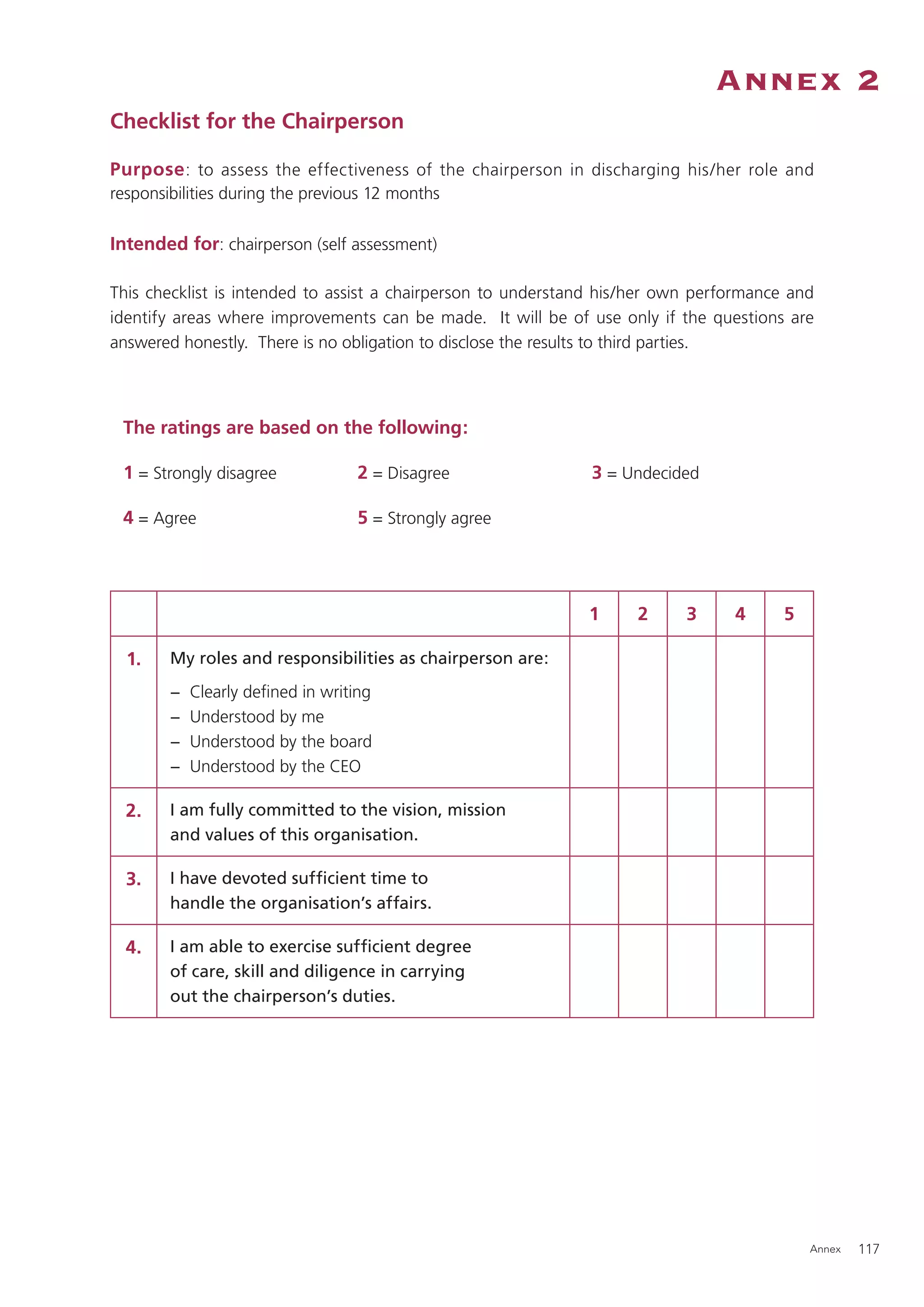 Annex 2
Checklist for the Chairperson

Purpose : to assess the effectiveness of the chairperson in discharging his/her role and
responsibilities during the previous 12 months

Intended for: chairperson (self assessment)

This checklist is intended to assist a chairperson to understand his/her own performance and
identify areas where improvements can be made. It will be of use only if the questions are
answered honestly. There is no obligation to disclose the results to third parties.




 The ratings are based on the following:

 1 = Strongly disagree             2 = Disagree               3 = Undecided

 4 = Agree                         5 = Strongly agree




                                                              1     2      3     4      5

  1.    My roles and responsibilities as chairperson are:
        −   Clearly deﬁned in writing
        −   Understood by me
        −   Understood by the board
        −   Understood by the CEO

  2.    I am fully committed to the vision, mission
        and values of this organisation.

  3.    I have devoted sufﬁcient time to
        handle the organisation’s affairs.

  4.    I am able to exercise sufﬁcient degree
        of care, skill and diligence in carrying
        out the chairperson’s duties.




                                                                                            Annex   117
 