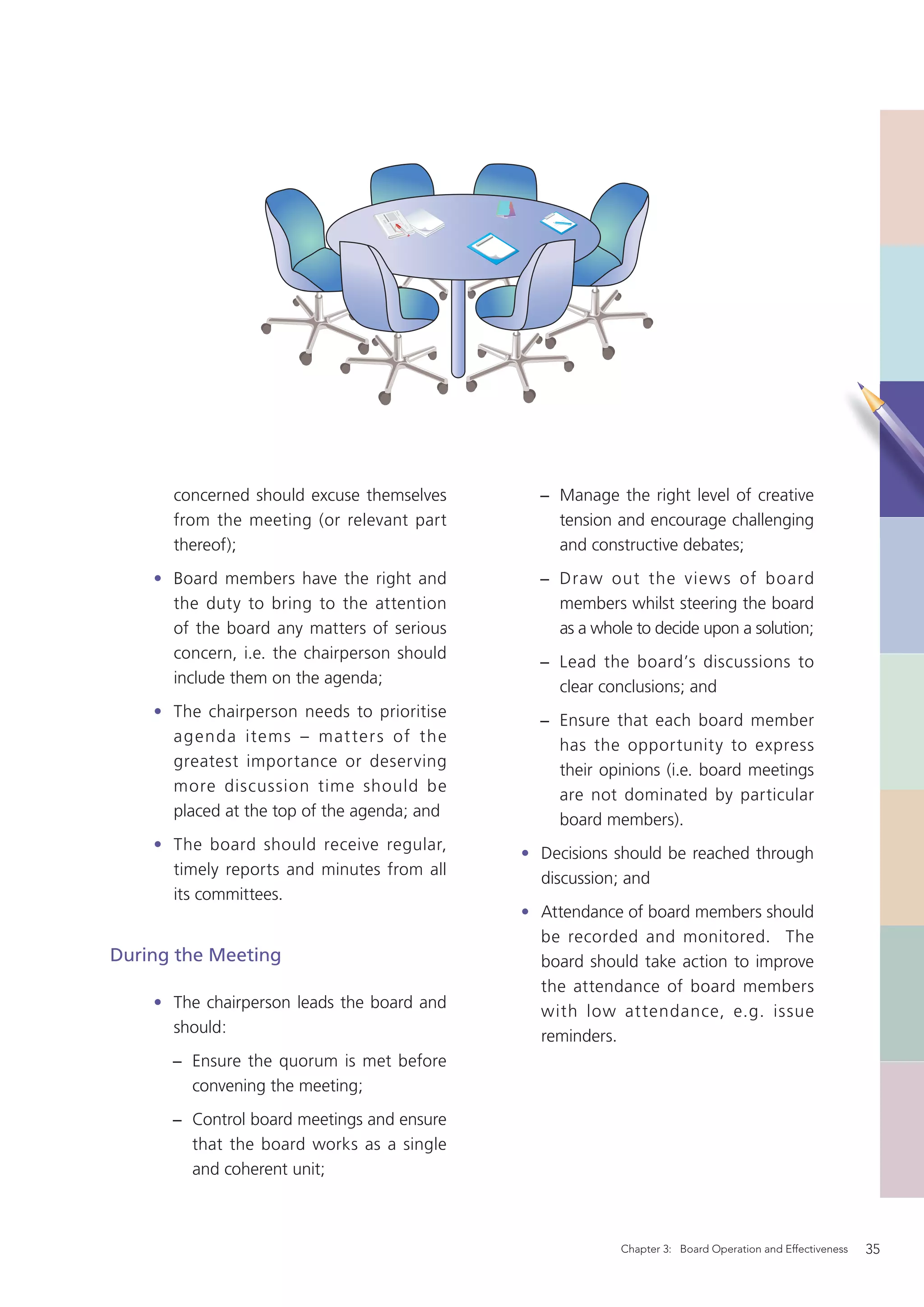 concerned should excuse themselves       − Manage the right level of creative
      from the meeting (or relevant part         tension and encourage challenging
      thereof);                                  and constructive debates;
    • Board members have the right and         − Draw out the views of board
      the duty to bring to the attention         members whilst steering the board
      of the board any matters of serious        as a whole to decide upon a solution;
      concern, i.e. the chairperson should
                                               − Lead the board’s discussions to
      include them on the agenda;
                                                 clear conclusions; and
    • The chairperson needs to prioritise
                                               − Ensure that each board member
      ag enda items – mat ter s of the
                                                 has the opportunity to express
      greatest importance or deserving
                                                 their opinions (i.e. board meetings
      more discussion time should be
                                                 are not dominated by particular
      placed at the top of the agenda; and
                                                 board members).
    • The board should receive regular,
                                             • Decisions should be reached through
      timely reports and minutes from all
                                               discussion; and
      its committees.
                                             • Attendance of board members should
                                               be recorded and monitored. The
During the Meeting                             board should take action to improve
                                               the attendance of board members
    • The chairperson leads the board and
                                               with low at tendance, e.g. issue
      should:
                                               reminders.
      − Ensure the quorum is met before
        convening the meeting;
      − Control board meetings and ensure
        that the board works as a single
        and coherent unit;



                                                          Chapter 3: Board Operation and Effectiveness   35
 