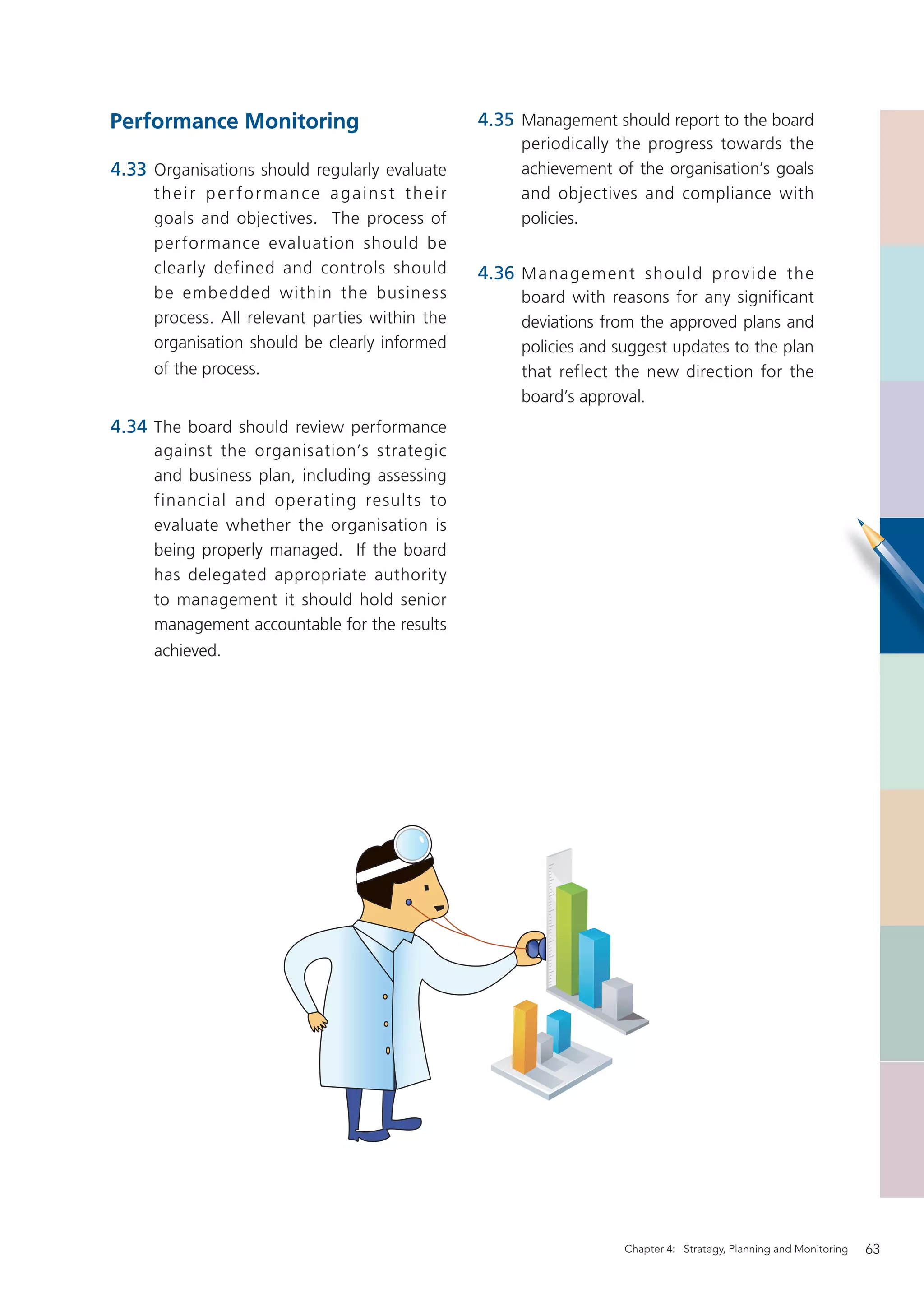 Performance Monitoring                          4.35 Management should report to the board
                                                      periodically the progress towards the
4.33 Organisations should regularly evaluate          achievement of the organisation’s goals
     their per formance against their                 and objectives and compliance with
     goals and objectives. The process of             policies.
     per formance evaluation should be
     clearly defined and controls should        4.36 M a na g e m e nt sh o ul d p rov i d e t h e
     be embedded within the business                  board with reasons for any significant
     process. All relevant parties within the         deviations from the approved plans and
     organisation should be clearly informed          policies and suggest updates to the plan
     of the process.                                  that reflect the new direction for the
                                                      board’s approval.
4.34 The board should review performance
     against the organisation’s strategic
     and business plan, including assessing
     financial and operating result s to
     evaluate whether the organisation is
     being properly managed. If the board
     has delegated appropriate authority
     to management it should hold senior
     management accountable for the results
     achieved.




                                                                     Chapter 4: Strategy, Planning and Monitoring   63
 