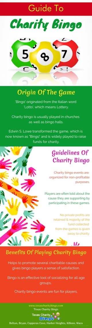 Guide To
Charity Bingo
Origin Of The Game
'Bingo' originated from the Italian word
'Lotto', which means Lottery.
Edwin S. Lowe transformed the game, which is
now known as "Bingo" and is widely played to raise
funds for charity.
Charity bingo is usually played in churches
as well as bingo halls.
Guidelines Of
Charity Bingo
Charity bingo events are 
organized for non-profitable
purposes.
Players are often told about the
cause they are supporting by
participating in these games.
No private profits are
retained & majority of the
fund collected
from the games is given
away to charity.
Benefits Of Playing Charity Bingo
Helps to promote several charitable causes and
gives bingo players a sense of satisfaction.
Bingo is an effective tool of socializing for all age
groups. 
Charity bingo events are fun for players.
www.texascharitybingo.com
Belton, Bryan, Copperas Cove, Harker Heights, Killeen, Waco
Texas Charity Bingo
Ima e Sou e: Des ned b F eep
 
