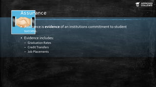 Assurance
▪ Assurance is evidence of an institutions commitment to student
success.
▪ Evidence includes:
– Graduation Rate...