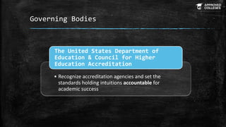 • Recognize accreditation agencies and set the
standards holding intuitions accountable for
academic success
The United St...
