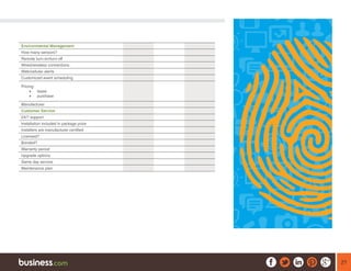 21
Environmental Management
How many sensors?
Remote turn-on/turn-off
Wired/wireless connections
Web/cellular alerts
Customized event scheduling
Pricing:
•	 lease
•	 purchase
Manufacturer
Customer Service
24/7 support
Installation included in package price
Installers are manufacturer certified
Licensed?
Bonded?
Warranty period
Upgrade options
Same day service
Maintenance plan
 