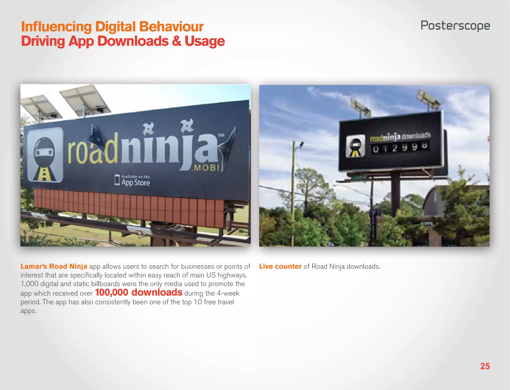 Influencing Digital Behaviour
Driving App Downloads & Usage




Lamar’s Road Ninja app allows users to search for businesses or points of       Live counter of Road Ninja downloads.
interest that are specifically located within easy reach of main US highways.
1,000 digital and static billboards were the only media used to promote the
app which received over 100,000 downloads during the 4-week
period. The app has also consistently been one of the top 10 free travel
apps.




                                                                                                                        25
 