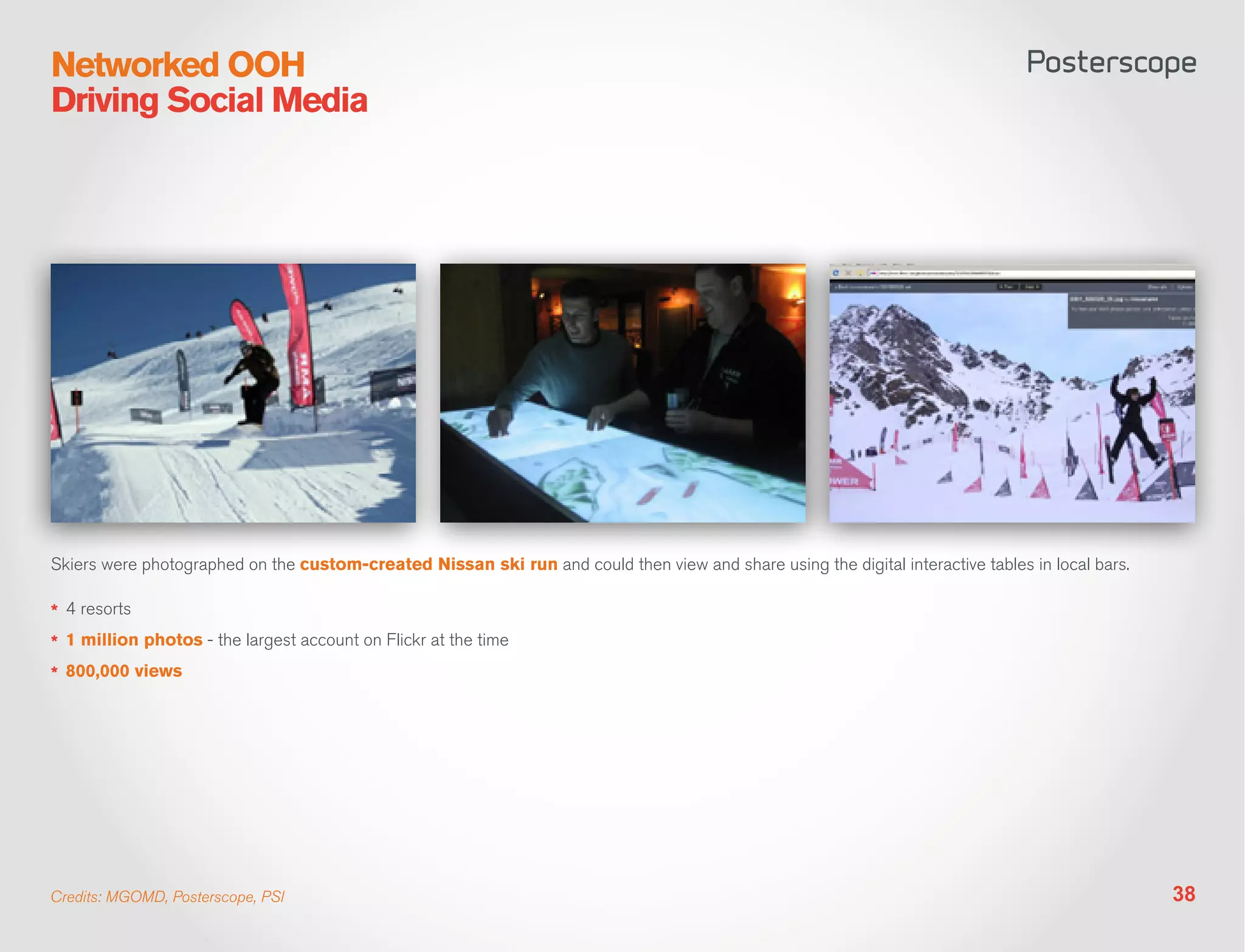 Networked OOH
Driving Social Media




Skiers were photographed on the custom-created Nissan ski run and could then view and share using the digital interactive tables in local bars.

*	 4 resorts
*	 1 million photos - the largest account on Flickr at the time
*	 800,000 views




Credits: MGOMD, Posterscope, PSI                                                                                                                  38
 