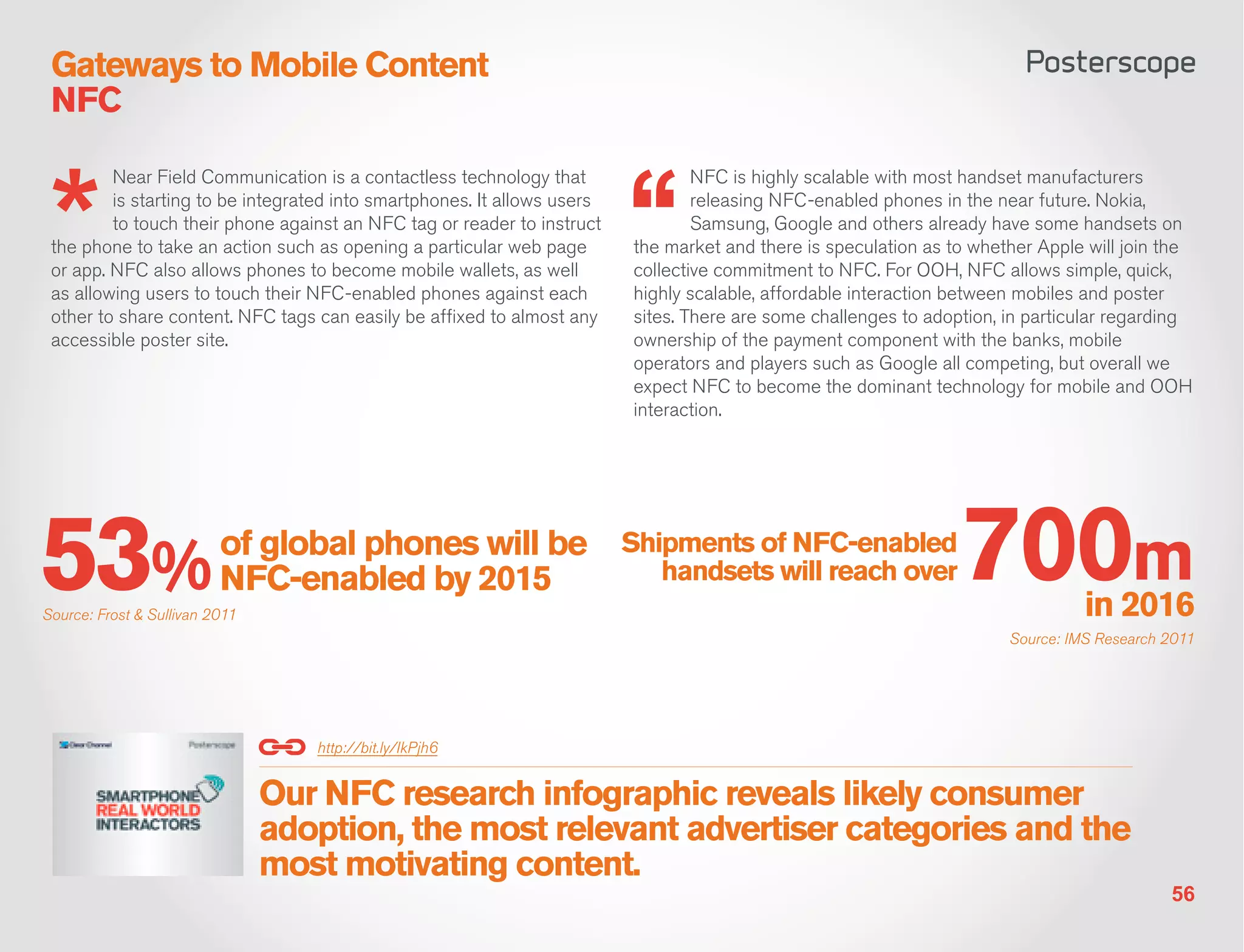 Gateways to Mobile Content
 NFC

         Near Field Communication is a contactless technology that                NFC is highly scalable with most handset manufacturers
         is starting to be integrated into smartphones. It allows users           releasing NFC-enabled phones in the near future. Nokia,
         to touch their phone against an NFC tag or reader to instruct            Samsung, Google and others already have some handsets on
 the phone to take an action such as opening a particular web page        the market and there is speculation as to whether Apple will join the
 or app. NFC also allows phones to become mobile wallets, as well         collective commitment to NFC. For OOH, NFC allows simple, quick,
 as allowing users to touch their NFC-enabled phones against each         highly scalable, affordable interaction between mobiles and poster
 other to share content. NFC tags can easily be affixed to almost any     sites. There are some challenges to adoption, in particular regarding
 accessible poster site.                                                  ownership of the payment component with the banks, mobile
                                                                          operators and players such as Google all competing, but overall we
                                                                          expect NFC to become the dominant technology for mobile and OOH
                                                                          interaction.




53%                       of global phones will be Shipments of NFC-enabled
                          NFC-enabled by 2015
Source: Frost & Sullivan 2011
                                                      handsets will reach over                                    700m            in 2016
                                                                                                                        Source: IMS Research 2011




                                   http://bit.ly/IkPjh6


                                Our NFC research infographic reveals likely consumer
                                adoption, the most relevant advertiser categories and the
                                most motivating content.
                                                                                                                                             56
 