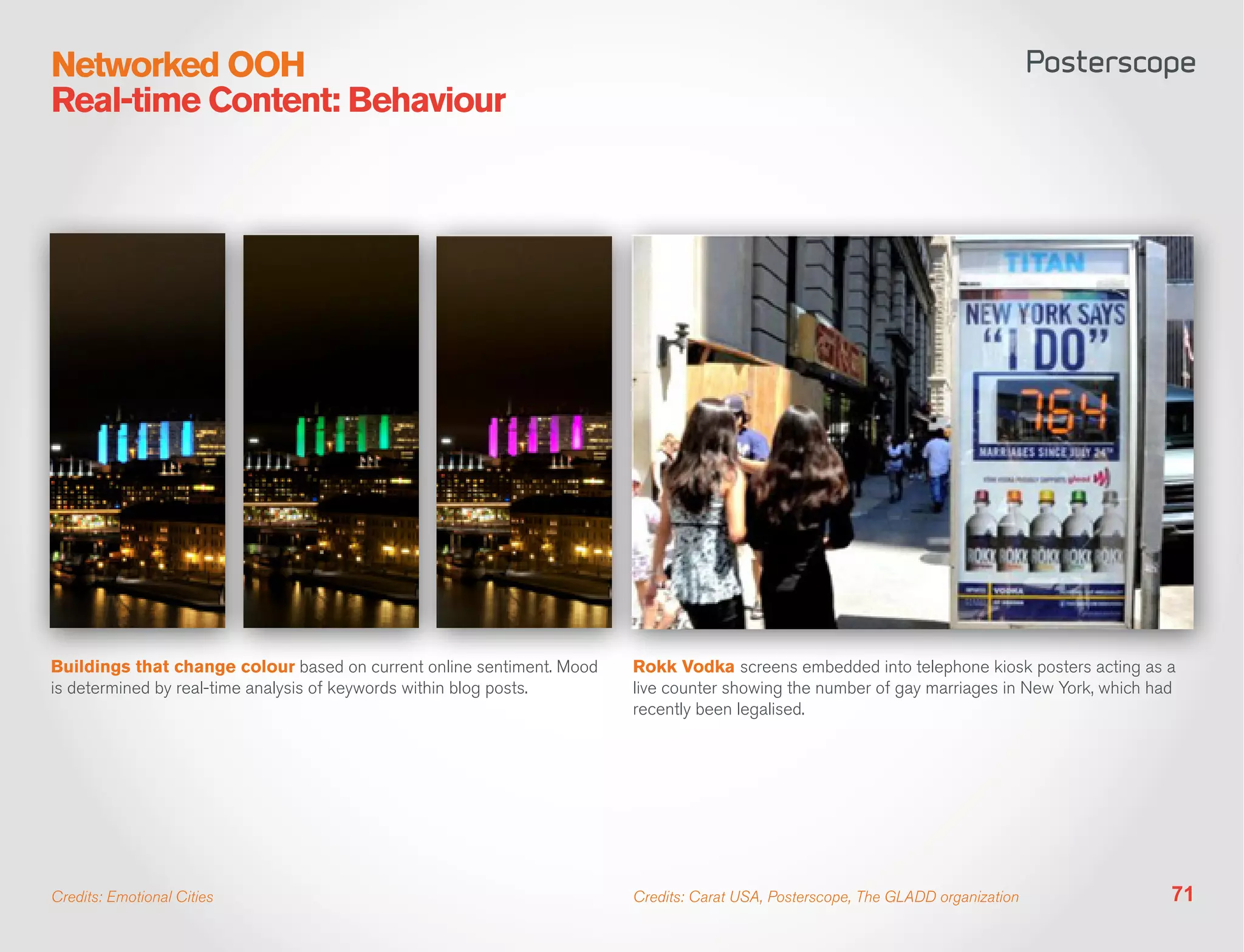 Networked OOH
Real-time Content: Behaviour




Buildings that change colour based on current online sentiment. Mood   Rokk Vodka screens embedded into telephone kiosk posters acting as a
is determined by real-time analysis of keywords within blog posts.     live counter showing the number of gay marriages in New York, which had
                                                                       recently been legalised.




Credits: Emotional Cities                                              Credits: Carat USA, Posterscope, The GLADD organization               71
 