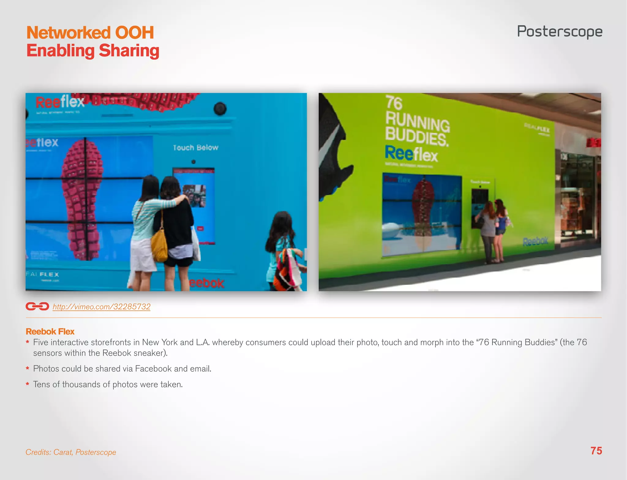 Networked OOH
Enabling Sharing




        http://vimeo.com/32285732


Reebok Flex
*	 Five interactive storefronts in New York and L.A. whereby consumers could upload their photo, touch and morph into the “76 Running Buddies” (the 76
   sensors within the Reebok sneaker).
*	 Photos could be shared via Facebook and email.
*	 Tens of thousands of photos were taken.




Credits: Carat, Posterscope                                                                                                                              75
 