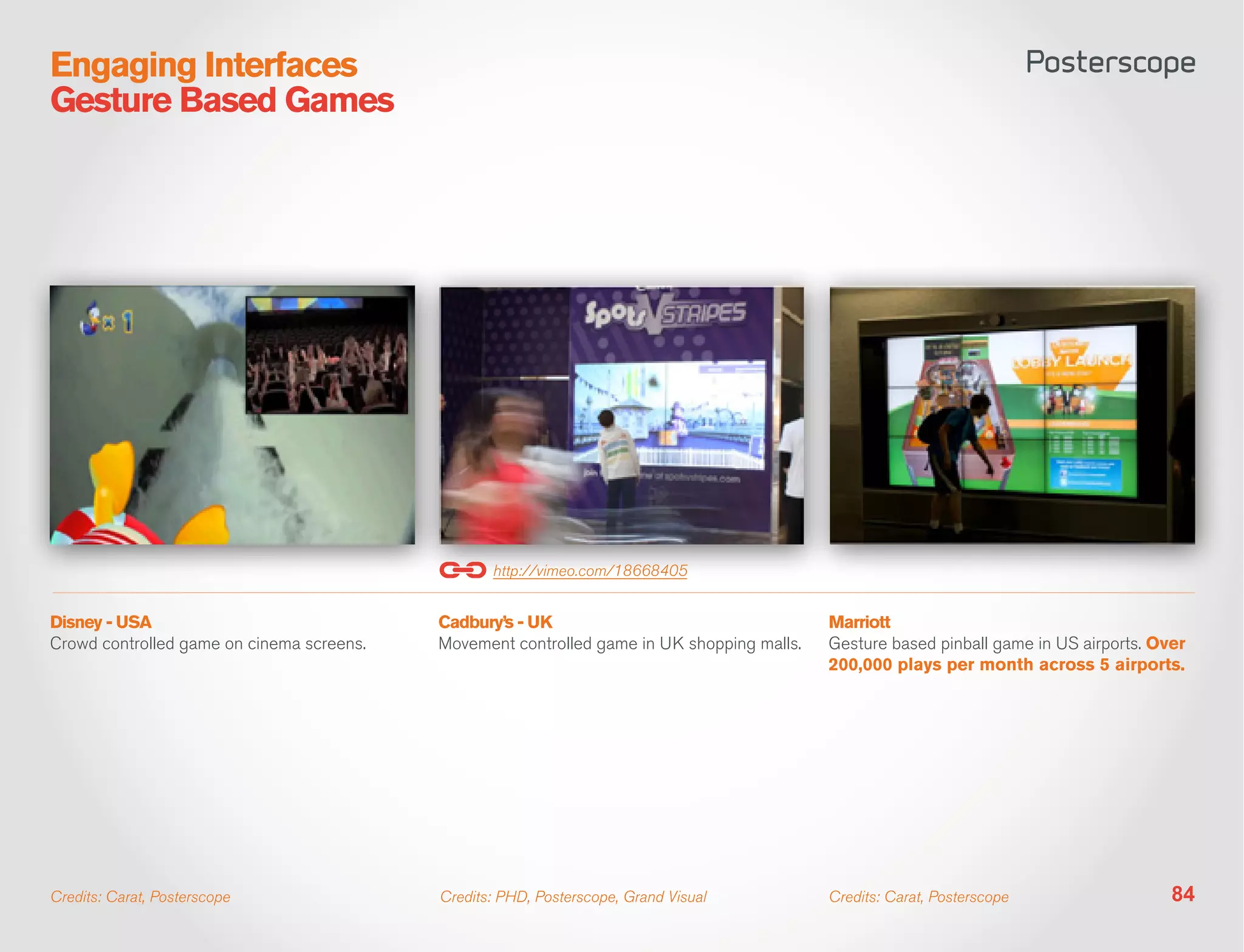 Engaging Interfaces
Gesture Based Games




                                                  http://vimeo.com/18668405


Disney - USA                               Cadbury’s - UK                                   Marriott
Crowd controlled game on cinema screens.   Movement controlled game in UK shopping malls.   Gesture based pinball game in US airports. Over
                                                                                            200,000 plays per month across 5 airports.




Credits: Carat, Posterscope                Credits: PHD, Posterscope, Grand Visual          Credits: Carat, Posterscope                  84
 