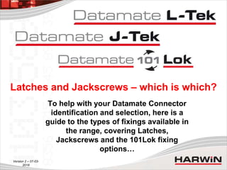 Latches and Jackscrews – which is which?
To help with your Datamate Connector
identification and selection, here is a
guide to the types of fixings available in
the range, covering Latches,
Jackscrews and the 101Lok fixing
options…
Version 2 – 07-03-
2018
 