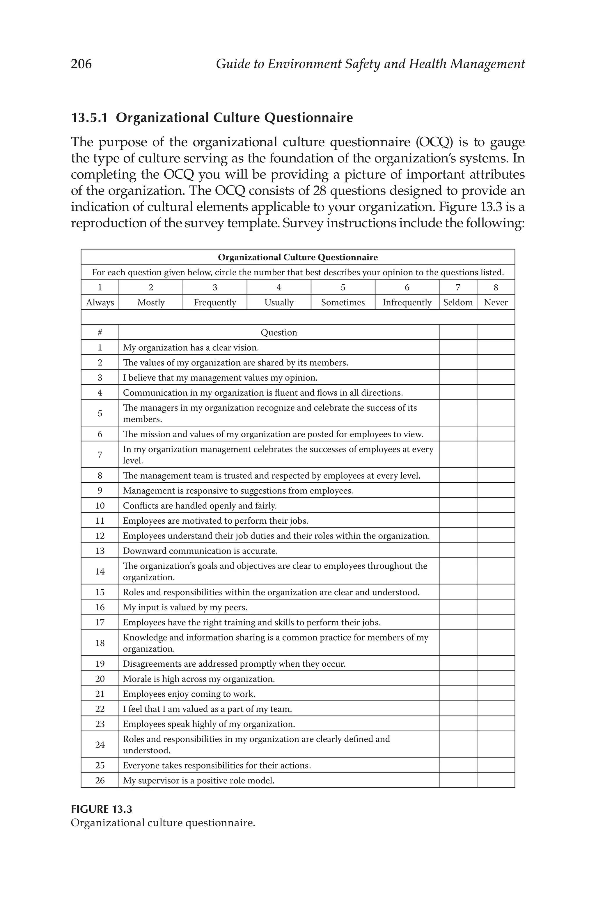 206 Guide to Environment Safety and Health Management
13.5.1 
Organizational Culture Questionnaire
The purpose of the organizational culture questionnaire (OCQ) is to gauge
the type of culture serving as the foundation of the organization’s systems. In
completing the OCQ you will be providing a picture of important attributes
of the organization. The OCQ consists of 28 questions designed to provide an
indication of cultural elements applicable to your organization. Figure 13.3 is a
reproduction of the survey template. Survey instructions include the following:
Organizational Culture Questionnaire
For each question given below, circle the number that best describes your opinion to the questions listed.
1 2 3 4 5 6 7 8
Always Mostly Frequently Usually Sometimes Infrequently Seldom Never
# Question
1 My organization has a clear vision.
2 The values of my organization are shared by its members.
3 I believe that my management values my opinion.
4 Communication in my organization is fluent and flows in all directions.
5
The managers in my organization recognize and celebrate the success of its
members.
6 The mission and values of my organization are posted for employees to view.
7
In my organization management celebrates the successes of employees at every
level.
8 The management team is trusted and respected by employees at every level.
9 Management is responsive to suggestions from employees.
10 Conflicts are handled openly and fairly.
11 Employees are motivated to perform their jobs.
12 Employees understand their job duties and their roles within the organization.
13 Downward communication is accurate.
14
The organization’s goals and objectives are clear to employees throughout the
organization.
15 Roles and responsibilities within the organization are clear and understood.
16 My input is valued by my peers.
17 Employees have the right training and skills to perform their jobs.
18
Knowledge and information sharing is a common practice for members of my
organization.
19 Disagreements are addressed promptly when they occur.
20 Morale is high across my organization.
21 Employees enjoy coming to work.
22 I feel that I am valued as a part of my team.
23 Employees speak highly of my organization.
24
Roles and responsibilities in my organization are clearly defined and
understood.
25 Everyone takes responsibilities for their actions.
26 My supervisor is a positive role model.
FIGURE 13.3
Organizational culture questionnaire.
 
