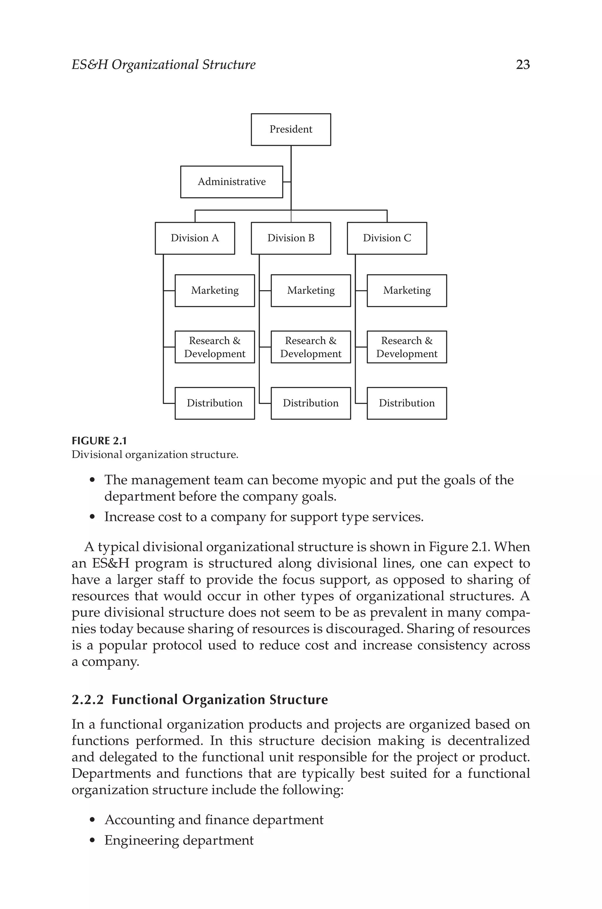 23
ESH Organizational Structure
•	 The management team can become myopic and put the goals of the
department before the company goals.
•	 Increase cost to a company for support type services.
A typical divisional organizational structure is shown in Figure 2.1. When
an ESH program is structured along divisional lines, one can expect to
have a larger staff to provide the focus support, as opposed to sharing of
resources that would occur in other types of organizational structures. A
pure divisional structure does not seem to be as prevalent in many compa-
nies today because sharing of resources is discouraged. Sharing of resources
is a popular protocol used to reduce cost and increase consistency across
a company.
2.2.2 
Functional Organization Structure
In a functional organization products and projects are organized based on
functions performed. In this structure decision making is decentralized
and delegated to the functional unit responsible for the project or product.
Departments and functions that are typically best suited for a functional
organization structure include the following:
•	 Accounting and finance department
•	 Engineering department
President
Division A
Marketing
Research 
Development
Distribution
Division B
Marketing
Research 
Development
Distribution
Division C
Marketing
Research 
Development
Distribution
Administrative
FIGURE 2.1
Divisional organization structure.
 