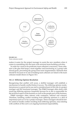 155
Project Management Approach to Environment Safety and Health
makes it easier for the project manager to assist the new members when it
comes to assembling into the team with minimal team-­
building activities.
In order for a team to be proficient, team cohesion is necessary. Team cohe-
sion is the glue that keeps a team together and functioning as a group with
shared goals, preventing the group from team fragmentation. Elements that
should be focused on to aid in building team cohesion are listed in the team
cohesion model shown in Figure 10.3.
10.5.3 
Differing Opinion Resolution
Recognizing that conflict will occur, a skillful manager will establish a
mechanism to handle conflict before it occurs. The differing opinion resolu-
tion process is a great tool to use and is considered part of the role of a project
manager and the functional manager. The ESH manager often deals with
resolving differing opinions frequently because he or she is responsible for
the technical aspect of the business as well as the people part of the business.
ESH managers often interact with customers, internal and external.
Therefore, handling conflict resulting from differing opinions is a skill of
importance just as it is for a project manager. These managers should be bet-
ter suited to handle conflict resulting from differing opinions, since dealing
with conflicts of this sort is an ongoing functional responsibility.
Team
Cohesion
Appropriate
Relationships
Leadership
Competence
Differing
Opinion
Resolution
Communication
Member
Engagement
Trust
FIGURE 10.3
Team cohesion model.
 