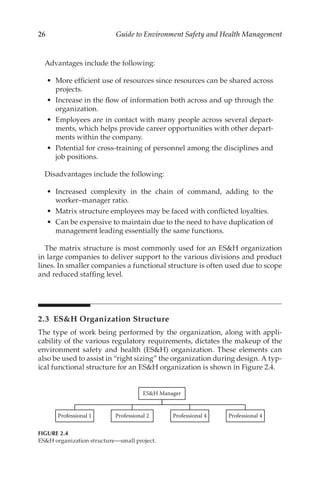 26 Guide to Environment Safety and Health Management
Advantages include the following:
•	 More efficient use of resources since resources can be shared across
projects.
•	 Increase in the flow of information both across and up through the
organization.
•	 Employees are in contact with many people across several depart-
ments, which helps provide career opportunities with other depart-
ments within the company.
•	 Potential for cross-­
training of personnel among the disciplines and
job positions.
Disadvantages include the following:
•	 Increased complexity in the chain of command, adding to the
worker–­manager ratio.
•	 Matrix structure employees may be faced with conflicted loyalties.
•	 Can be expensive to maintain due to the need to have duplication of
management leading essentially the same functions.
The matrix structure is most commonly used for an ESH organization
in large companies to deliver support to the various divisions and product
lines. In smaller companies a functional structure is often used due to scope
and reduced staffing level.
2.3 
ESH Organization Structure
The type of work being performed by the organization, along with appli-
cability of the various regulatory requirements, dictates the makeup of the
environment safety and health (ESH) organization. These elements can
also be used to assist in “right sizing” the organization during design. A typ-
ical functional structure for an ESH organization is shown in Figure 2.4.
ESH Manager
Professional 1 Professional 2 Professional 4 Professional 4
FIGURE 2.4
ESH organization structure—small project.
 