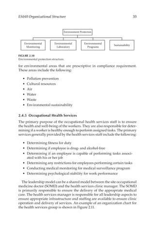 33
ESH Organizational Structure
for environmental areas that are prescriptive in compliance requirement.
These areas include the following:
•	 Pollution prevention
•	 Cultural resources
•	 Air
•	 Water
•	 Waste
•	 Environmental sustainability
2.4.5 
Occupational Health Services
The primary purpose of the occupational health services staff is to ensure
the health and well-­
being of the workers. They are also responsible for deter-
mining if a worker is healthy enough to perform assigned tasks. The primary
services generally provided by the health services staff include the following:
•	 Determining fitness for duty
•	 Determining if employee is drug- and alcohol-­
free
•	 Determining if an employee is capable of performing tasks associ-
ated with his or her job
•	 Determining any restrictions for employees performing certain tasks
•	 Conducting medical monitoring for medical surveillance program
•	 Determining psychological stability for work performance
The leadership model can be a shared model between the site occupational
medicine doctor (SOMD) and the health services clinic manager. The SOMD
is primarily responsible to ensure the delivery of the appropriate medical
care. The health services manager is responsible for all leadership aspects to
ensure appropriate infrastructure and staffing are available to ensure clinic
operation and delivery of services. An example of an organization chart for
the health services group is shown in Figure 2.11.
Environment Protecton
Environmental
Monitoring
Environmental
Laboratory
Environmental
Programs
Sustainability
FIGURE 2.10
Environmental protection structure.
 