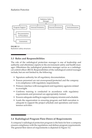 39
Radiation Protection
3.3 
Roles and Responsibilities
The role of the radiological protection manager is one of leadership and
authority and oftentimes reports to the environment safety and health man-
ager. Oftentimes the radiological protection manager serves as a radiologi-
cal control officer (RCO). Responsibilities of the radiological control manager
include, but are not limited to, the following:
•	 Signature authority for all regulatory documentation.
•	 Ensure personnel are not overexposed/­
protected and the company
is in compliance with regulatory requirements.
•	 Primary interface with management and regulatory agencies related
to oversight.
•	 Confirms training is conducted in accordance with regulatory
requirements and personnel are appropriately trained.
•	 Ensures adequate staffing to support company mission and schedule.
•	 Leads the organization in ensuring program and field execution is
adequate to support the project schedule and operations and main-
tenance activities.
3.4 
Radiological Program Flow-­
Down of Requirements
A company’s radiological protection program is the basis for how a company
ensures compliance with the regulations and defines program requirements.
The general flow-­
down of requirements is depicted in Figure 3.2.
Radiation Safety
Manager
Program Support
Documentation
 Procedures
Assessment
Internal Dosimetry External Dosimetry Instrumentation
FIGURE 3.1
Radiation safety structure.
 