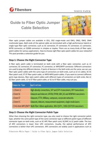 WHITE PAPER
Fiberstore White Paper | Guide to Fiber Optic Jumper Cable Selection 1
Fiber optic jumper cables are available in OS1, OS2 single-mode and OM1, OM2, OM3, OM4
multimode types. Both ends of the optical cable are terminated with a high performance hybrid or
single type fiber optic connector, such as SC connector, ST connector, FC connector, LC connector,
MTRJ connector, or E2000 connector in simplex or duplex. There are so many kinds of fiber optic
patch cables for various applications. How to choose right fiber optic patch cables for your networks?
This post provides a selection guide for you.
Step 1: Choose the Right Connector Type
A fiber optic patch cable is terminated on both ends with a fiber optic connector, such as LC
connector, SC connector, ST connector, FC connector, or MPO/MTP connector. Different connectors
are used to plug into different devices. If ports of devices in the both ends are the same, we can use
fiber optic patch cables with the same type of connectors on both ends, such as LC LC cables, SC SC
fiber patch cord, ST ST fiber patch cable, or MPO-MPO patch cables. If you want to connect different
ports type devices, fiber optic patch cables with different types of connectors on both ends, like LC
SC fiber patch cable, LC to ST fiber patch cable, or SC to ST fiber cable, may suit you.
Step 2: Choose the Right Connector Polish Type
Other than choosing the right connector type, you also need to choose the right connector polish
type, whether the same polish type of the same connector type or different polish types of different
connector types on both ends, such as SC APC fiber patch cord, SC/APC to LC patch cable. The loss
of APC connectors is lower than UPC connectors. Usually, the optical performance of APC
connectors is better than UPC connectors. APC connectors are widely used in applications such as
Guide to Fiber Optic Jumper
Cable Selection
 