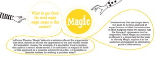 ...... .........
                               ...                                                                            . .. .. ... .. .. ... . .. ... .. . . . .
                                                                                                           ..




                   ..




                                                       ...
                                                                                                       . ...                                   ...




              ..............
                                                                                                       .




                                                           ....
                                                                                                   Magic
                          What do you think




                                                                              ... ..




                                                                                                                                                   . .. .. . . . .
                                                               . .. ..... .. .. .. .. .. ..... . . .




                                                                                                                                                           . . . . . . . . . . . .. ... .. . .
                           the word magic




                                                            .......




                                                                                                                                                                    ......
                          magic means in this                                                                                                                                                            Interventions that use magic seem
                                                                                                                                                                                                            too good to be true and look at
                               context?




                                                       ...
                                                                                                                                                                                                       super-human or ideal circumstances.
           ..




                                                                              . .. . . .
                                                           ...
                                                                                                                                                                                                      It often happens when we assume that




                                                            ..
                   ..




                                                                                                                                                                                           . . .. .
                                   ...               ...                                                  .                                    . ...
                                         ...... ..                                                     .....                                                                                               the forces of oppression can be
                               ...             ..                                                           ............... ..
                                                                                                               ...........                                                                             neglected. When Magic as a solution
                                                                                                                                                                                                       is offered, it is important for the Joker
In Forum Theatre, ‘Magic’ refers to a solution offered by a spectactor                                                                                                                                    to identify Magic, explain it to the
 that frees, deletes or makes the oppression of the anti-model vanish                                                                                                                                   audience and suggest an alternative
  by unrealistic means. For example, if a spectactor tries to replace                                                                                                                                            point of intervention.
the rapist in a sexual abuse scene, it is unrealistic or magical to think
   of this approach as a possible solution!In real life, is it possible to
              dissolve matters by wishing a problem away?
 