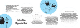 One partner tries to keep their
face aligned with the other
partner's hand as                     Secret thought or secret wish:
they move that hand around.              Everyone speaks their
 Switch roles, so that the previous    secret thought or what they
leader follows.                       secretly want simultaneously
 Both partners follow and lead at      and then one at a time they                                                                              Fast Forward/ Rewind-
the same time.                          share the essence of that
                                         thought when tapped.                                                                          Go back in time or ahead to the future.
                                                                         Double-                                                       Every conflict has a history and every
                                                                                                             Pause-
                                                                  Someone steps up and                                             resolution has it's consequences. Fast-forward
                                                                                                    To stop a scene and have            for previewingoutcomes or possible
                                                                 mirrors the protagonist’s     everyone hold the body posture
                                                                body language and makes                                             consequences. Rewind for showing context
                                                                                                of the paused moment. Helpful      and history. Rewind is especially useful when

                         Columbian
                                                                  statements in the first      when you identify a destructive
                                                                   person based on the                                               the conflict appears to start with a violent
                                                                                                behavioral pattern cycle is just       altercation, through a rewind you may
                                                                feelings that arise in their         beginning and give the            find that the conflict actually had roots

                        Hypnosis Boal
                                                               body. Think of it as someone     actors/spectactors a chance to
                                                                 offering inner thoughts.                                                    in the lunch line yesterday.
                                                                                                 observe their bodies and the
                                                                                                  direction of the anti-model.
 