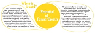 Where is
       Social behaviour compels
                                it used?                                 The potential of Forum theatre has been
                                                                            recognized in Policy Making, where


                                                         Potential
    us to think from within the roles                                  important perspectives as brought forward by
 that we play in our daily lives such as                               various citizens and the distribution of power
                                                                       can be understood more sensitively.

                                                            of
a student, worker, bread-winner, mother,
teacher etc. Despite ourselves, we invoke                                  In the realm of Medical Humanities, Forum
and reinforce these hierarchies, orders and                                  Workshops allow better understanding
  connotations and distance ourselves from
communicating as fellow humans. Forum theatre
   is a medium of breaking these patterns and
                                                       Forum Theatre    between patients, their families and physicians.
                                                                          This fragile relationship requires not only an
                                                                          understanding of the other but also thorough
     behaviours, sometimes donning new ones                              self awareness, that is provided by the voicing
       altogether, and communicating the way our                              of opinions and feelings under crucial
         bodies guide us, from one human to another.                    circumstances portrayed in forum anti-models.
 