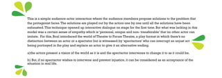 This is a simple audience-actor interaction where the audience members propose solutions to the problem that
the protagonist faces. The solutions are played out by the actors one by one until all the solutions have been
exhausted. This technique opened up interactive dialogue on stage for the first time. But what was lacking in this
model was a certain sense of empathy which is ‘personal, unique and non- transferable’ that no other actor can
imitate. For this, Boal introduced the world of Theatre to Forum Theatre, a play format in which there’s no
distinction between an actor or a spectator but is witnessed by ‘spectactors’ who can interrupt an unjust act
being portrayed in the play and replace an actor to give it an alternative ending.

a)the actors present a vision of the world as it is and the spectactor intervenes to change it to as it could be.

b) But, if no spectactor wishes to intervene and prevent injustice, it can be considered as an acceptance of the
situation in real life.
 