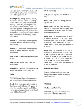 A Guide to Free Crochet Patterns: 13 Crochet Stitches and our Favorite Free Crochet Patterns
Find hundreds of free crochet patterns, tips, tutorials and videos at http://www.allfreecrochet.com/. 42
place loop on the knitting needle; repeat
from * to last sc; leave last sc unworked,
turn—68 loops on needle.
Row 73 (closing loops): Working loosely,
insert hook into first 2 loops on knitting
needle at the same time, yarn over and
draw up a loop; ch 1, inserting hook into
first 2 loops at the same time, work 1 sc;
remove loops from knitting needle, *sc in
next loop on knitting needle, remove loop
from knitting needle; repeat from * until all
loops are removed from knitting needle,
turn—67 sts.
Row 74: Ch 1, working in front loops only,
sc in each st across to last 2 sc, sc2tog,
turn—66 sts.
Row 75: Ch 1, working in front loops only,
sc2tog, sc in each remaining st across,
turn—65 sts.
Rows 76 and 77: Repeat Rows 74 and 75—
63 sts.
Rows 78–137: Repeat Rows 72–77 ten
times—3 sts.
Row 138: Ch 1, working in front loops only,
sc in first st, sc2tog—1 st. Fasten off.
Edging
With WS facing and point facing upwards,
join yarn with slip st in lower side corner.
Row 1: Ch 1, working along lower edge of
shawl base, work 133 sc evenly spaced to
point of shawl, 2 sc in point, work 133 sc
evenly spaced to opposite corner of shawl
base—268 sc. Fasten off.
MOTIF (make 19)
Ch 4; join with slip st in first ch to form a
ring.
Round 1: Ch 1, work 7 sc in ring; join with
slip st in first sc.
Round 2: Ch 8, slip st in same st as join,
*(slip st, ch 8, slip st) in next sc; repeat from
* 6 more times; (sl st, ch 4, tr) in first sc (at
base of beginning ch-8).
Round 3: Ch 1, sc in space formed by last st
of previous round, ch 2, (2 dc, ch 2, 2 dc) in
next ch-8 space, ch 2, *sc in next ch-8 sp, ch
2, (2 dc, ch 2, 2 dc) in next ch-8 sp, ch 2;
repeat from * 2 more times; join with slip st
in first sc.
Round 4: Ch 1, sc in same st as join, 2 sc in
next ch-2 sp, sc in next 2 dc, (2 sc, ch 2, 2 sc)
in next ch-2 sp, sc in next 2 dc, 2 sc in next
ch-2 sp, *sc in next sc, 2 sc in next ch-2 sp,
sc in next 2 dc, (2 sc, ch 2, 2 sc) in next ch-2
sp, sc in next 2 dc, 2 sc in next ch-2 sp;
repeat from * 2 more times; join with slip st
in first sc. Fasten off.
Assemble Motif Strip
Arrange motifs according to assembly
diagram. Using yarn needle, whipstitch
motifs together.
FINISHING
Join Base and Motif Strip
With WS facing, join yarn with slip st in
inner corner of first motif of strip.
 