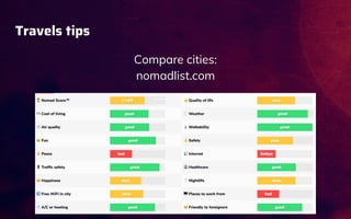 Travels tips
Compare cities:
nomadlist.com
 