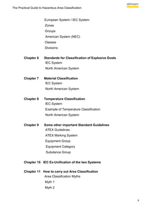 The Practical Guide to Hazardous Area Classification



                        European System / IEC System
                        Zones
                        Groups
                        American System (NEC)
                        Classes
                        Divisions


        Chapter 6      Standards for Classification of Explosive Dusts
                        IEC System
                        North American System


        Chapter 7      Material Classification
                       IEC System
                        North American System


        Chapter 8      Temperature Classification
                        IEC System
                        Example of Temperature Classification
                        North American System


        Chapter 9      Some other important Standard Guidelines
                        ATEX Guidelines
                        ATEX Marking System
                        Equipment Group
                         Equipment Category
                         Substance Group


        Chapter 10 IEC Ex-Unification of the two Systems

        Chapter 11 How to carry out Area Classification
                    Area Classification Myths
                        Myth 1
                        Myth 2


                                                                         6
 