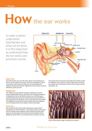 page 4 	 Health  Hearing
Outer Ear
Sound first enters our ear at the Pinna, which is the visible part of
the ear on the outside of our head. The Pinna is designed to collect
sound waves and funnel them down the Ear canal towards the
Tympanic membrane (eardrum). Together the Pinna and Ear canal are
referred to as the outer ear.
Middle Ear
The middle ear starts with the Tympanic membrane. As sound
waves travelling down the Ear canal reach the Tympanic membrane,
it vibrates like a drum. Behind the eardrum is an air-filled space
containing three tiny bones, the smallest bones found anywhere in
the human body. The vibrations in turn cause these bones to vibrate.
The Middle Ear consists of the eardrum these tiny bones (Malleus,
Incus and Stap-es) and the air pocket in which they reside.
Inner Ear
The cochlea and the semi-circular canals are our organ of both
hearing and our sense of balance. The cochlea, semi-circular canals
and the cochlear nerve (auditory nerve) comprise the parts of the
Inner Ear. Sound passes to the Inner Ear via the vibrations of the
Middle Ear bones, which are connected to the Cochlea at one end.
Outer Ear
Thousands of tiny sensory hair cells within the Cochlea convert
the vibrations into an electro-chemical signal that’s carried by
the auditory nerve to the brain, where sound is processed and
interpreted.
Electron Microscope image of healthy hair receptors
Howthe ear works
In order to better
understand
hearing loss and
what can be done,
it is first important
to understand how
the ear works and
processes sound.
 The Ear
 